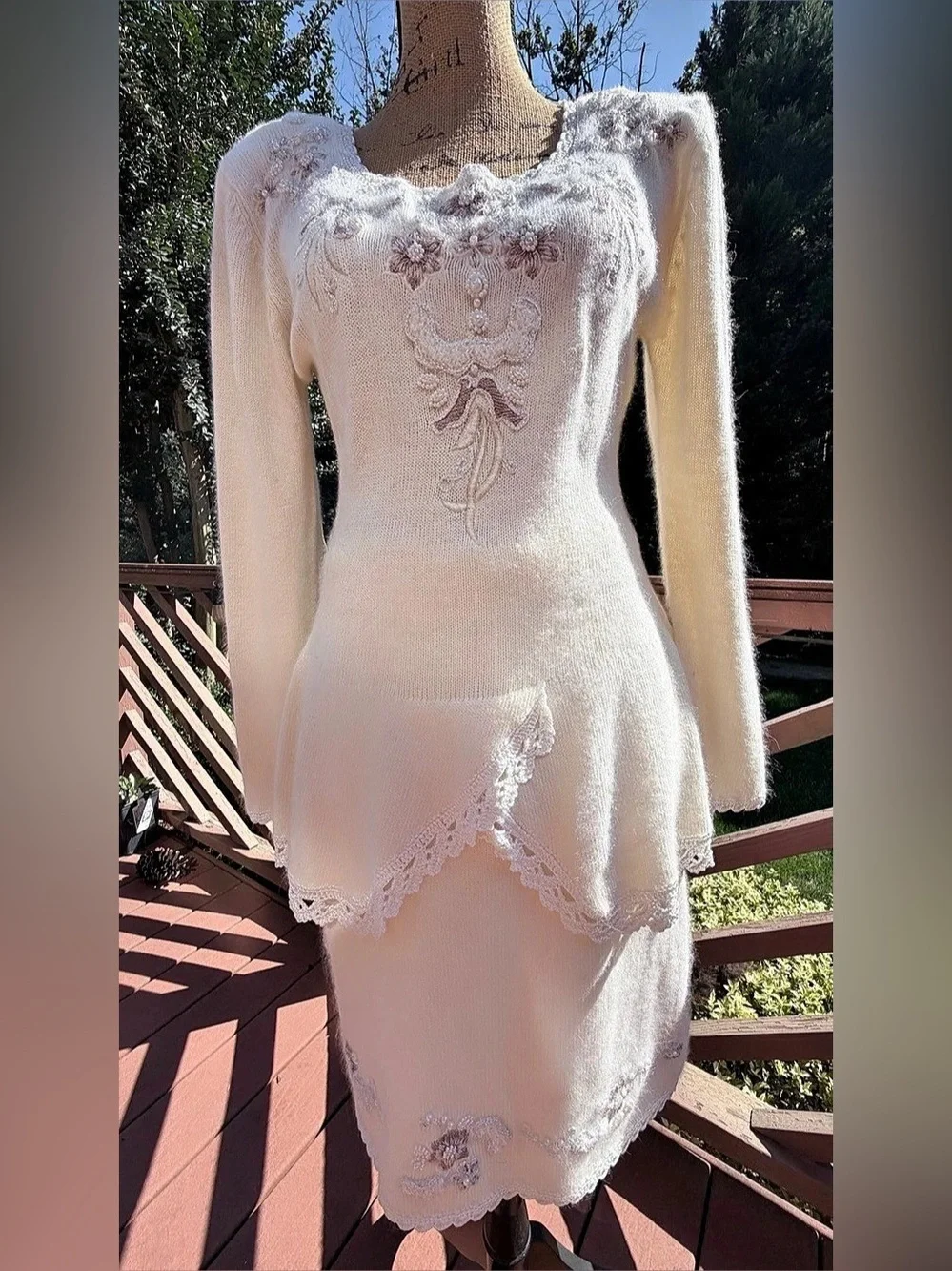 Vintage 90 Ivory Angora Knit Peplum Skirt & Sweater Set Floral Beaded Lace M